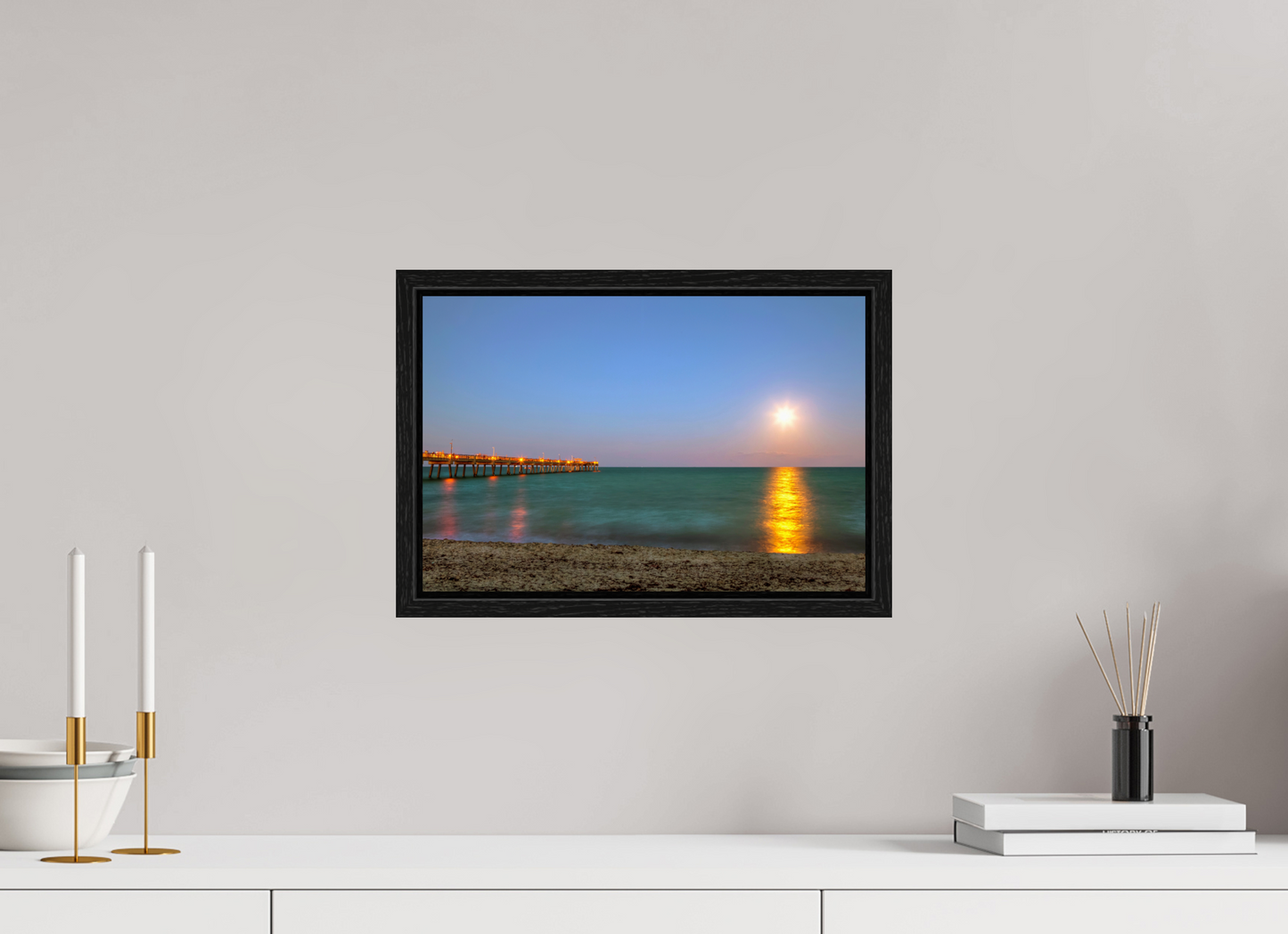 15 x 10″, Floater Frame Moonrise Over the Pier