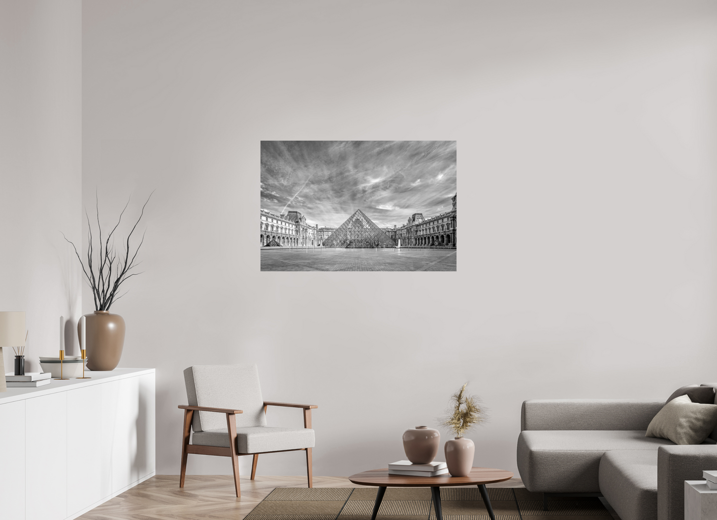 45 x 30″, Photo Print On Fuji Crystal DP II Paris - Architectural Fine Art Photograph (Black & White)- Louvre Pyramid Symphony