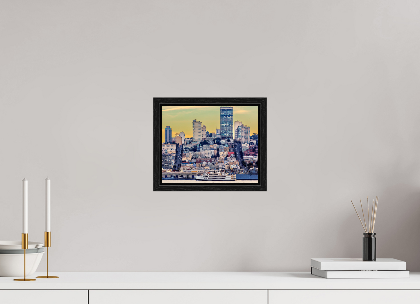 10 x 8″, Floater Frame San Francisco - Cityscape with Ferry at Sunse