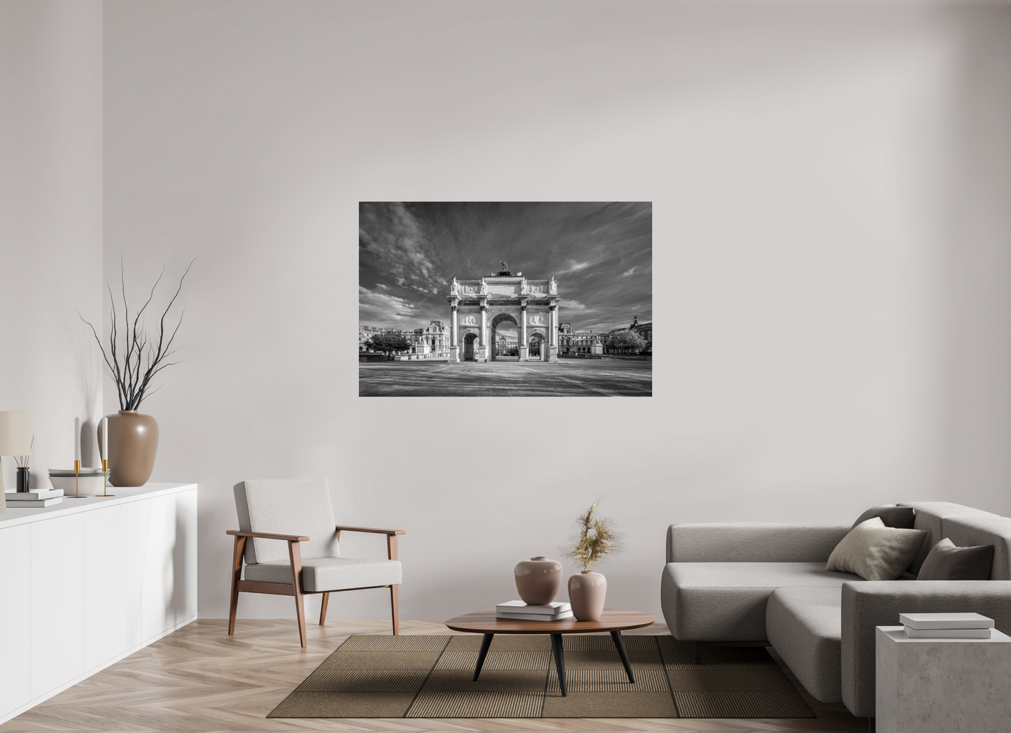 60 x 40″, Photo Print Under Acrylic Glass Paris -Louvre’s Gateway – Black and White Architectural Prin