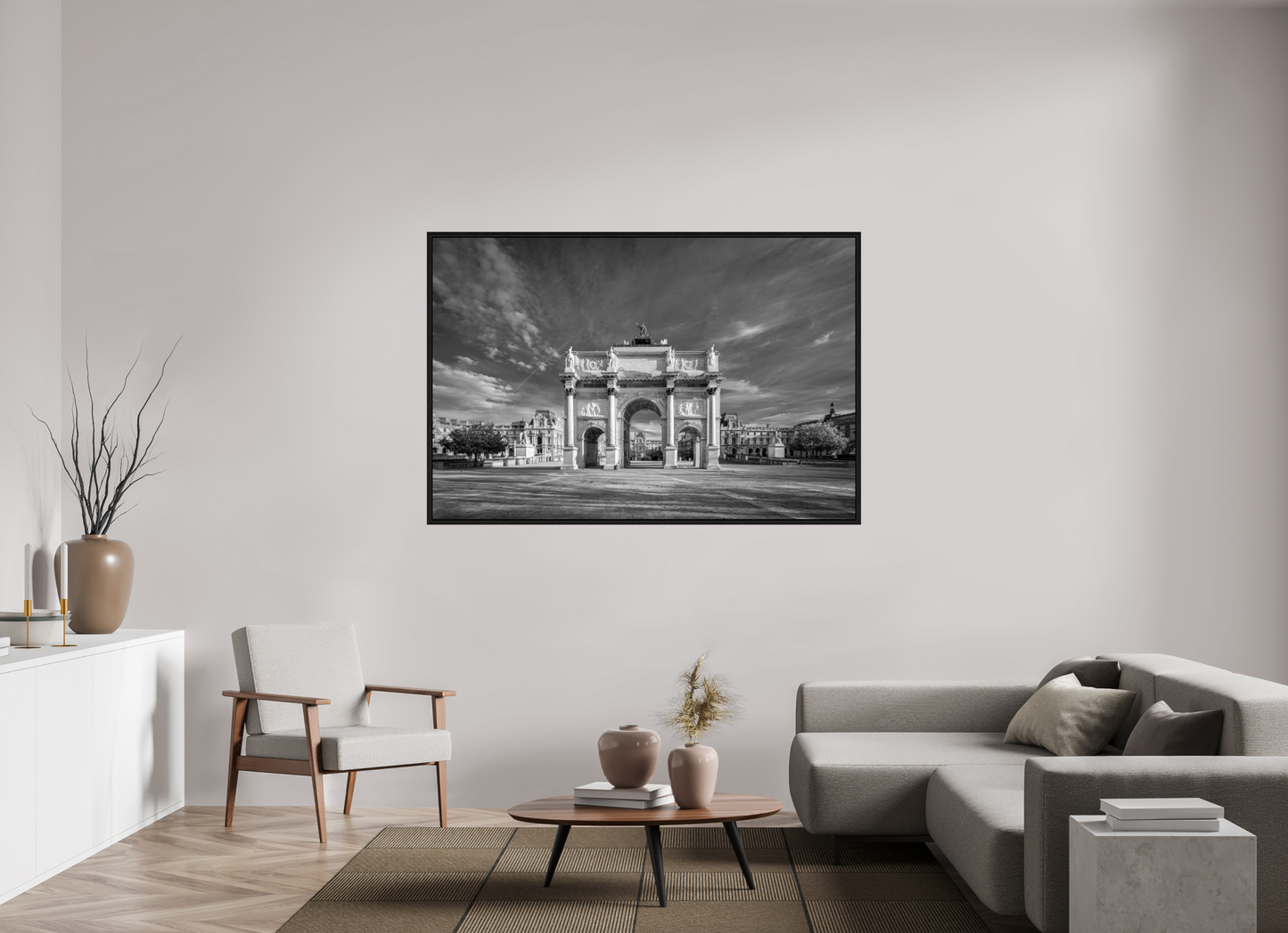 66 x 44″, Floater Frame Paris -Louvre’s Gateway – Black and White Architectural Prin