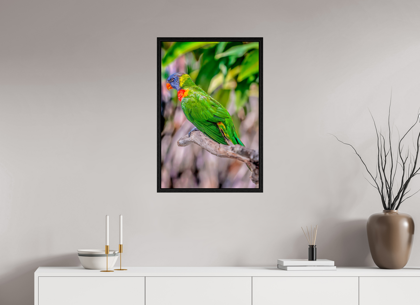 20 x 30″, Floater Frame Rainbow Lorikeet on Branch – Vibrant Tropical Bird Fine Art Photography Print