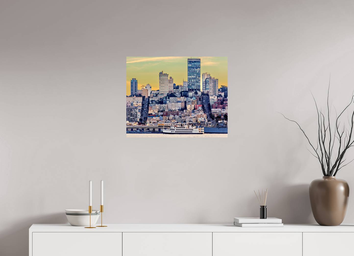 25 x 20″, Photo Print On Fuji Crystal DP II San Francisco - Cityscape with Ferry at Sunse