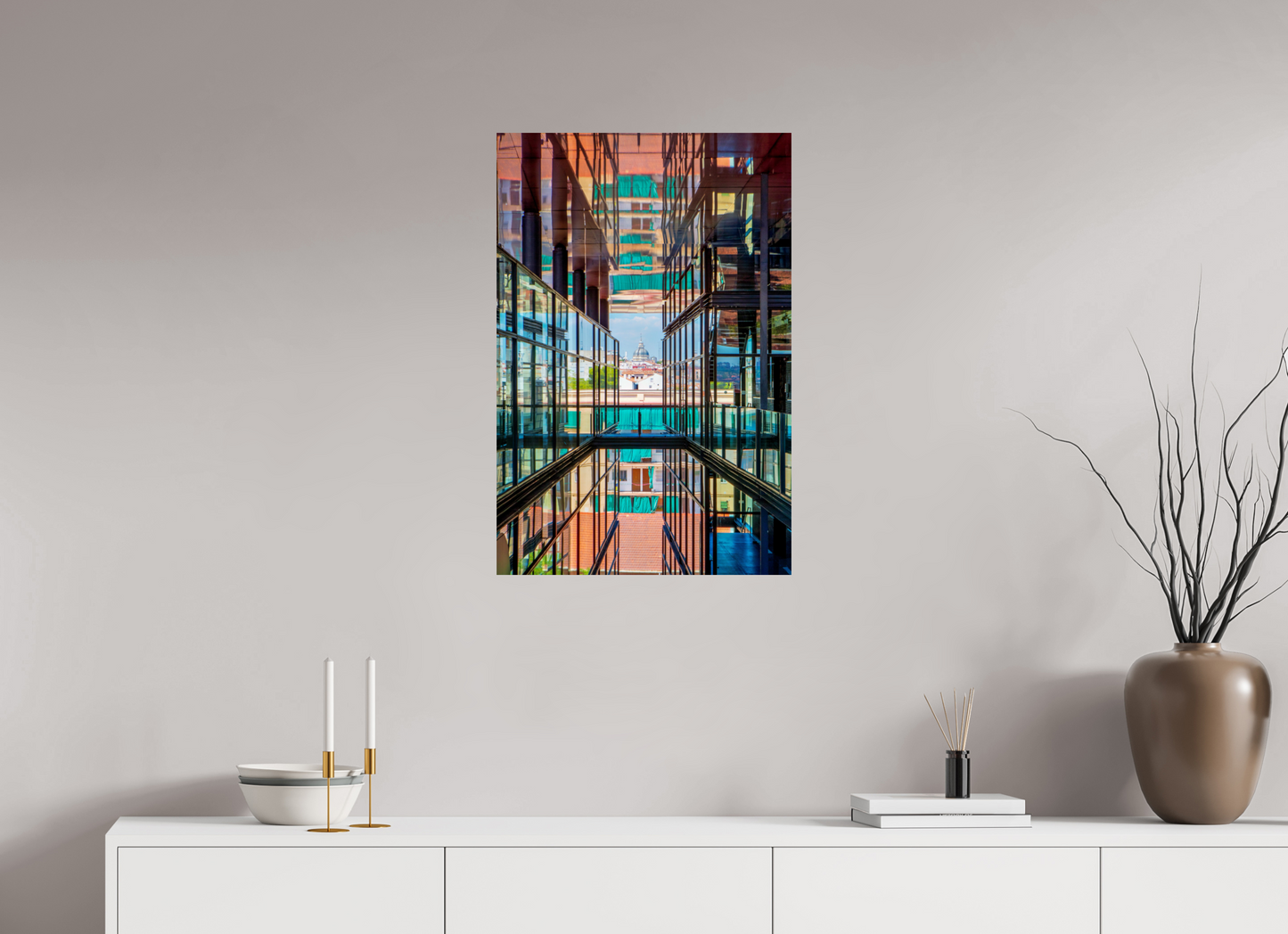 20 x 30″, Photo Print On Fuji Crystal DP II Madrid Architectural Reflection Print – Colegiata de San Isidro Dome from Reina Sofía Museum