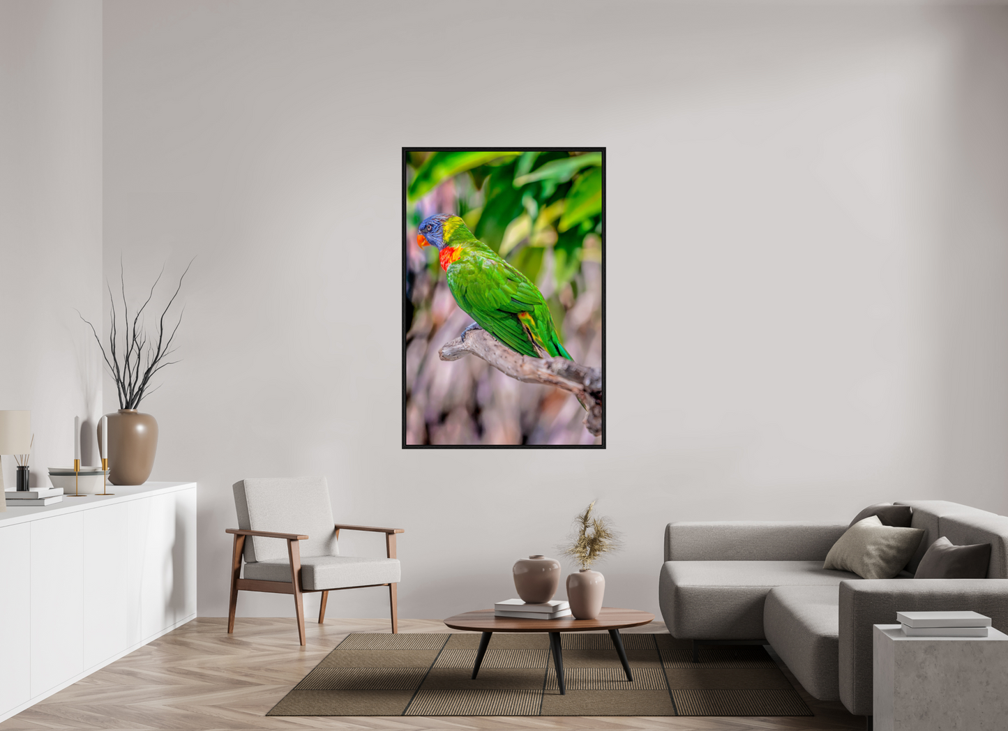 40 x 60″, Floater Frame Rainbow Lorikeet on Branch – Vibrant Tropical Bird Fine Art Photography Print