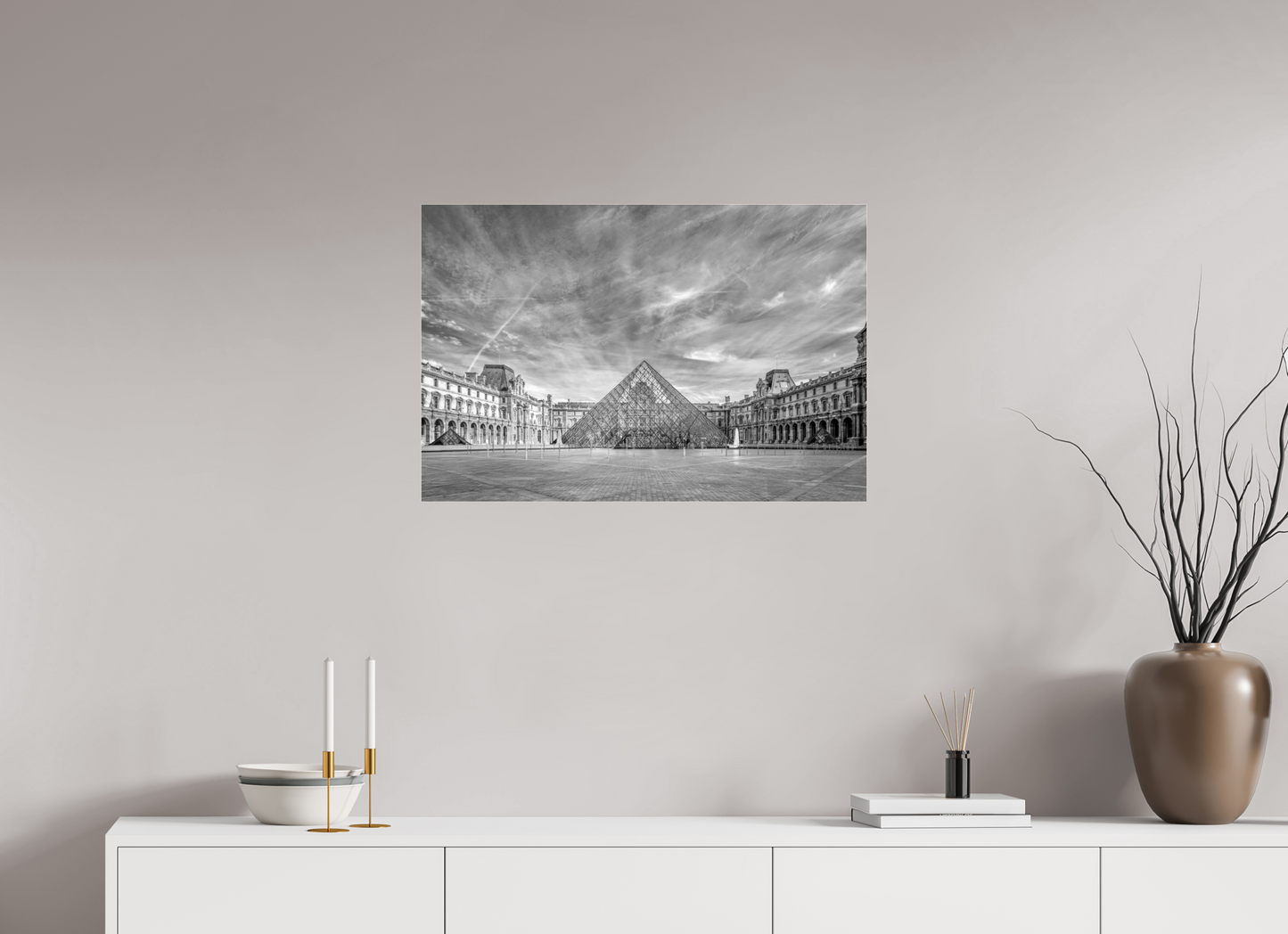 30 x 20″, Photo Print Under Acrylic Glass Paris - Architectural Fine Art Photograph (Black & White)- Louvre Pyramid Symphony
