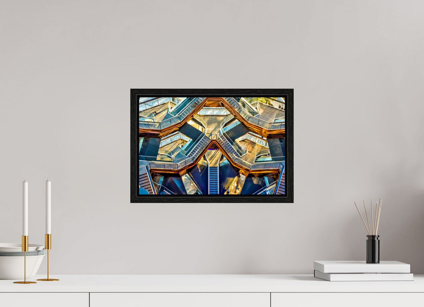 15 x 10″, Floater Frame New York - Golden Geometry — The Vessel, Architectural Fine Art Photograph