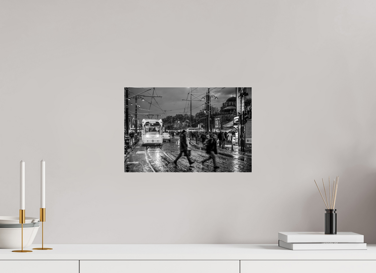 15 x 10″, Photo Print Under Acrylic Glass Rainy Evening Tram — Istanbul Street Photography (Black & White)