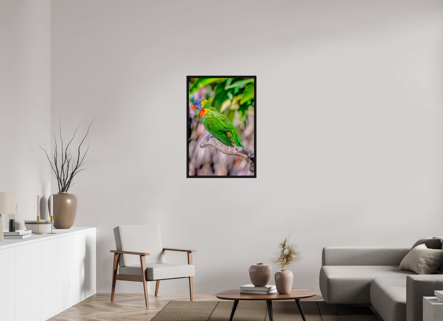 24 x 36″, Floater Frame Rainbow Lorikeet on Branch – Vibrant Tropical Bird Fine Art Photography Print