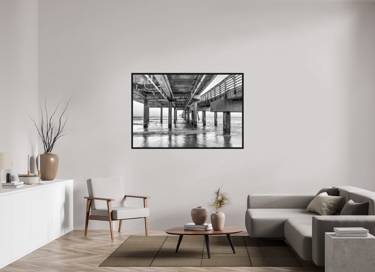 60 x 40″, Floater Frame Florida - Under the Pier — Coastal Geometry in Black & White