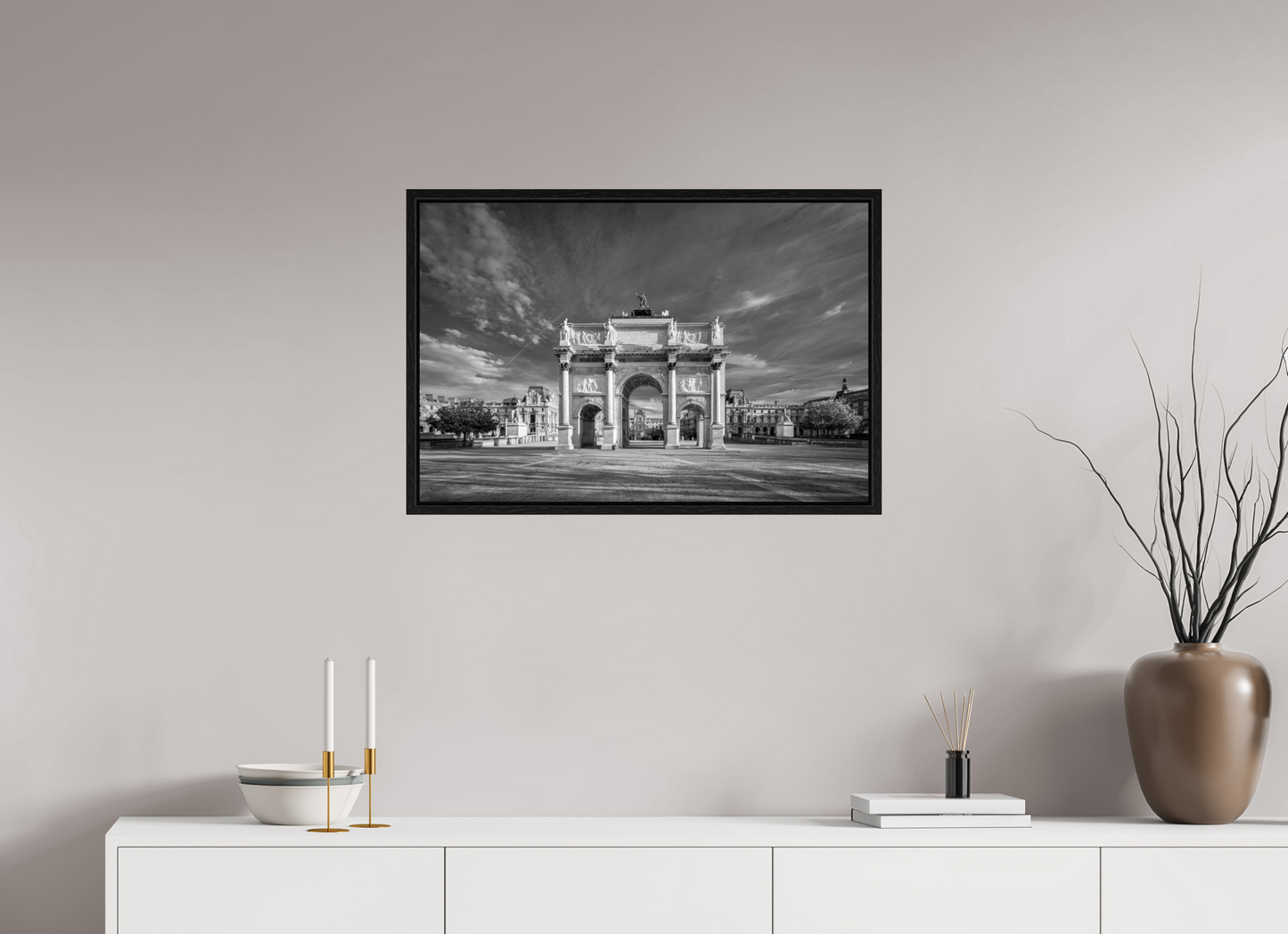 30 x 20″, Floater Frame Paris -Louvre’s Gateway – Black and White Architectural Prin