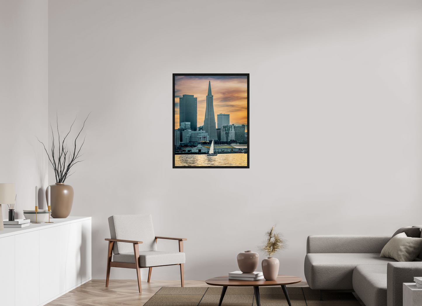 28 x 35″, Floater Frame San Francisco Sunset with Sailboat — Transamerica Pyramid Fine Art Print