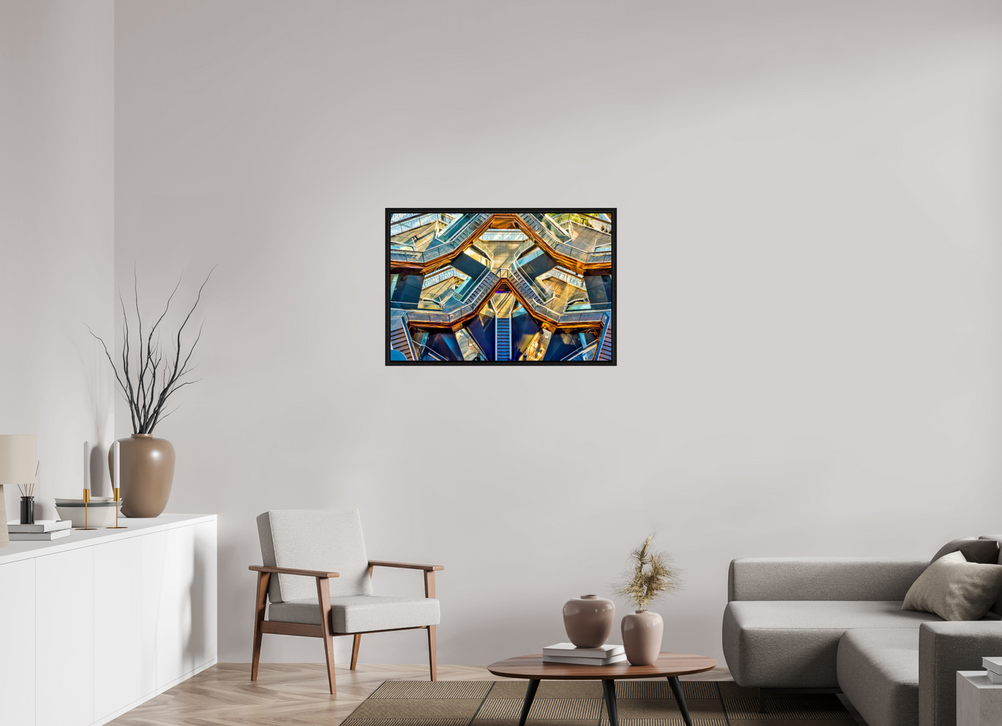 36 x 24″, Floater Frame New York - Golden Geometry — The Vessel, Architectural Fine Art Photograph