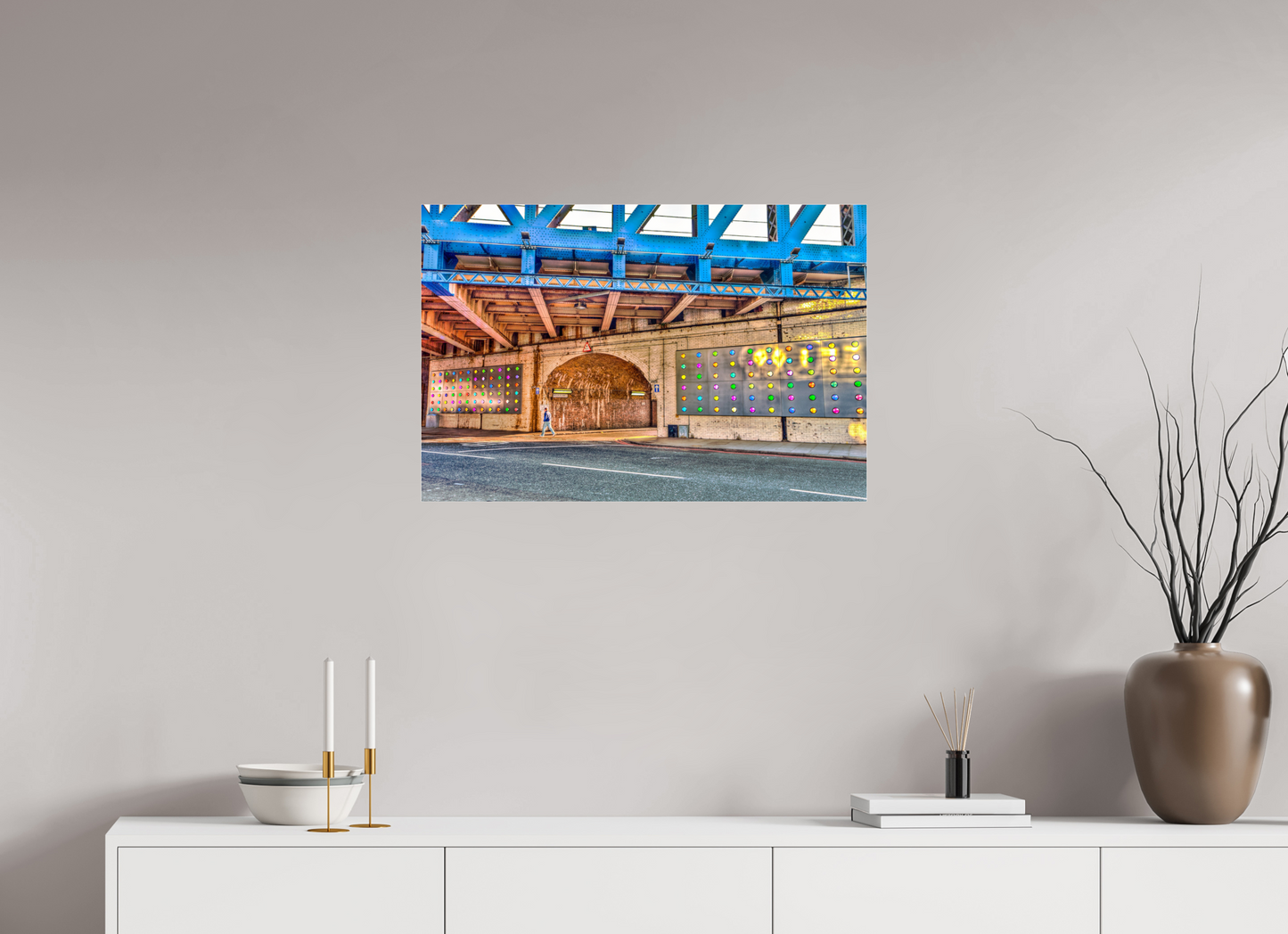 30 x 20″, Photo Print Under Acrylic Glass London Fine Art Photograph - Urban Geometry Under Blue Steel