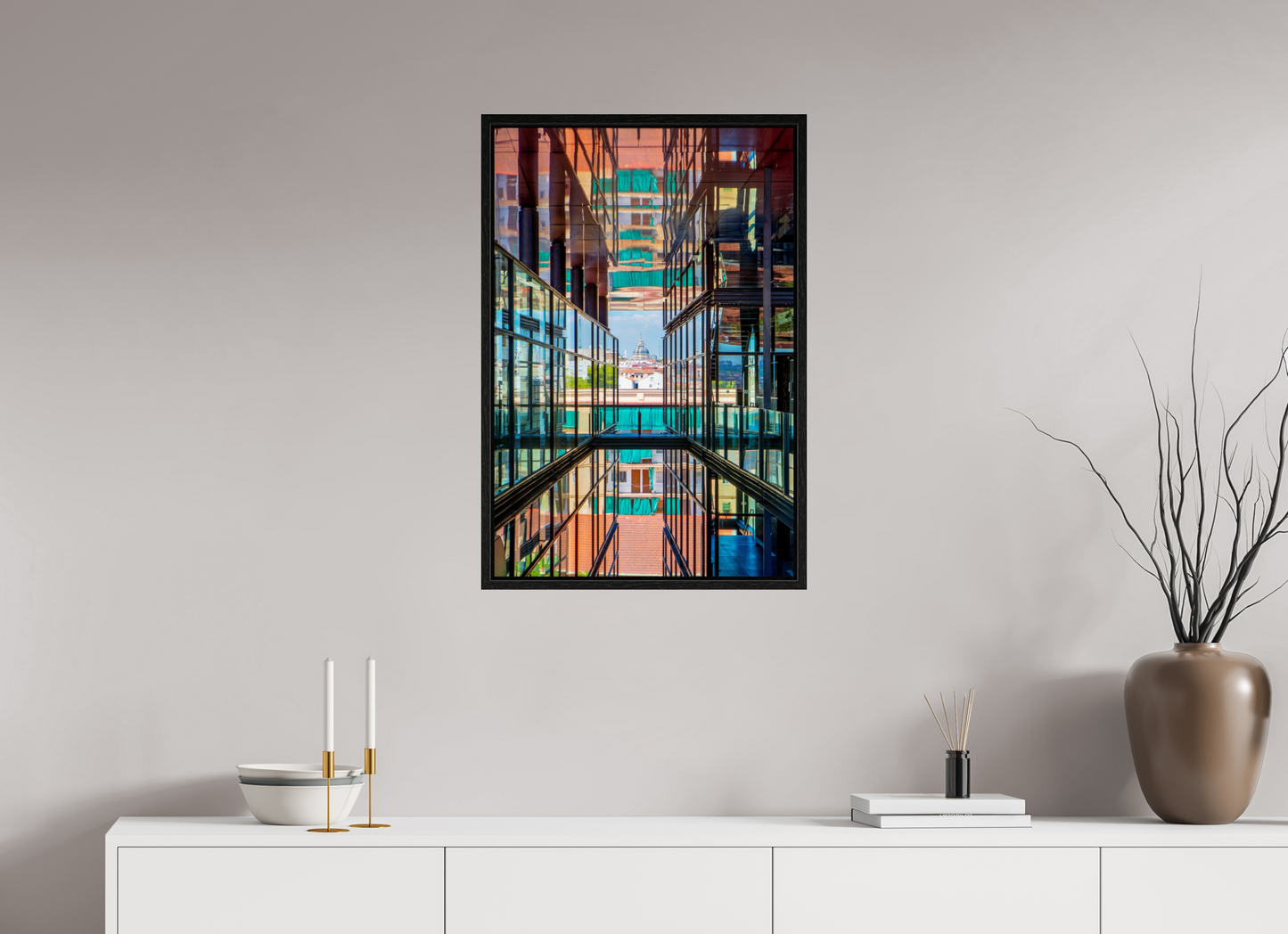 20 x 30″, Floater Frame Madrid Architectural Reflection Print – Colegiata de San Isidro Dome from Reina Sofía Museum