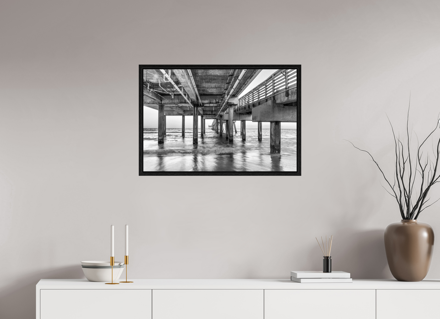 30 x 20″, Floater Frame Florida - Under the Pier — Coastal Geometry in Black & White