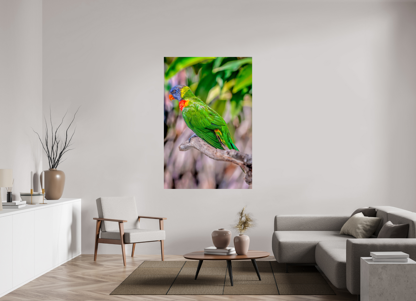 44 x 66″, Photo Print On Fuji Crystal DP II Rainbow Lorikeet on Branch – Vibrant Tropical Bird Fine Art Photography Print