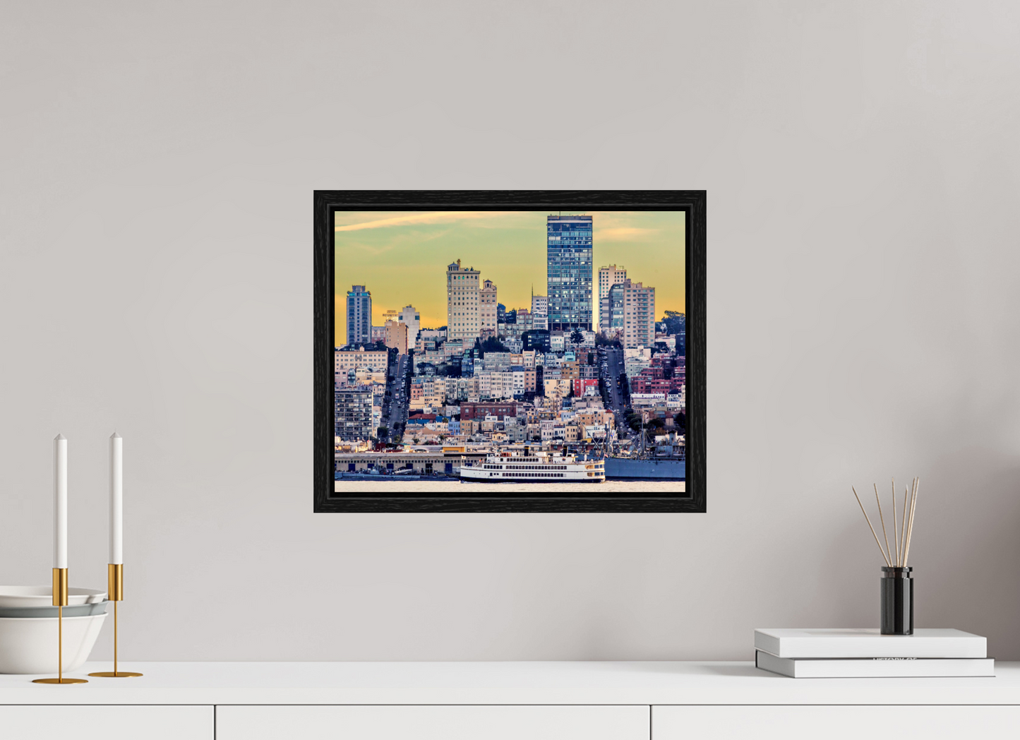 15 x 12″, Floater Frame San Francisco - Cityscape with Ferry at Sunse