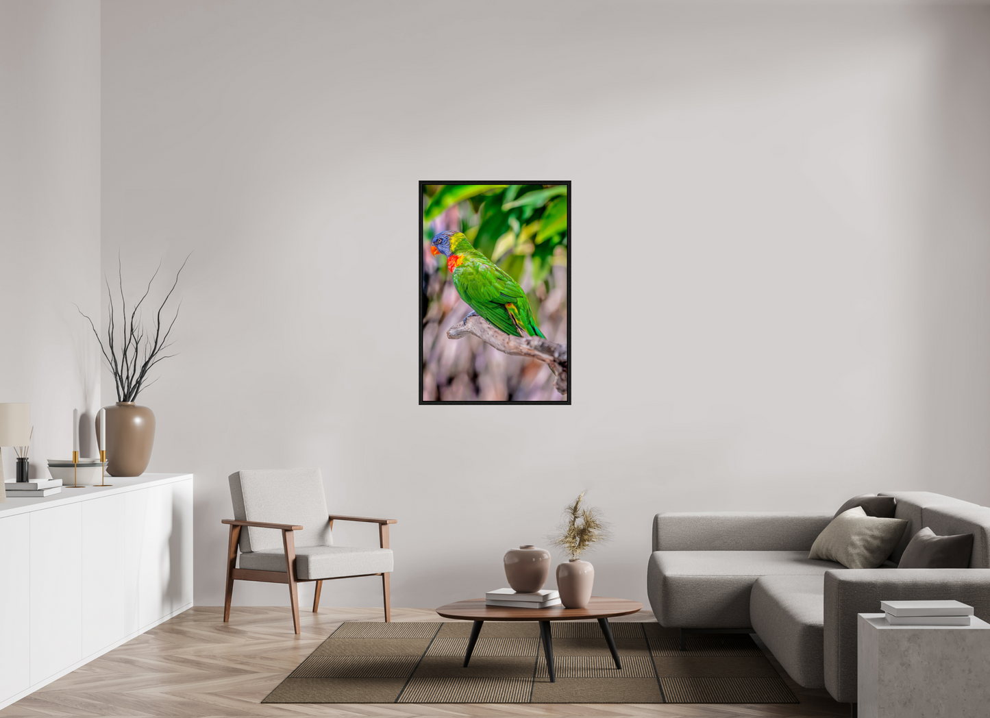30 x 45″, Floater Frame Rainbow Lorikeet on Branch – Vibrant Tropical Bird Fine Art Photography Print