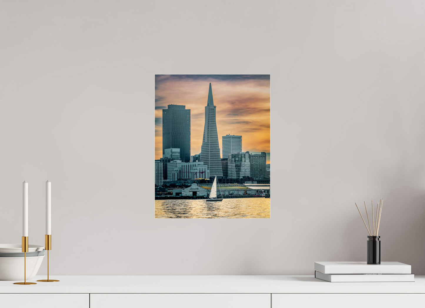 12 x 15″, Photo Print Under Acrylic Glass San Francisco Sunset with Sailboat — Transamerica Pyramid Fine Art Print