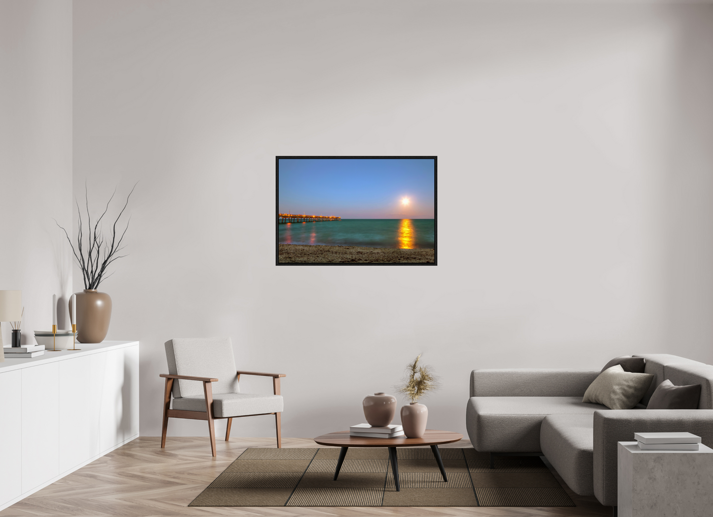 45 x 30″, Floater Frame Moonrise Over the Pier