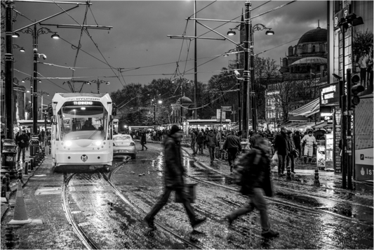 Main image Rainy Evening Tram — Istanbul Street Photography (Black & White)