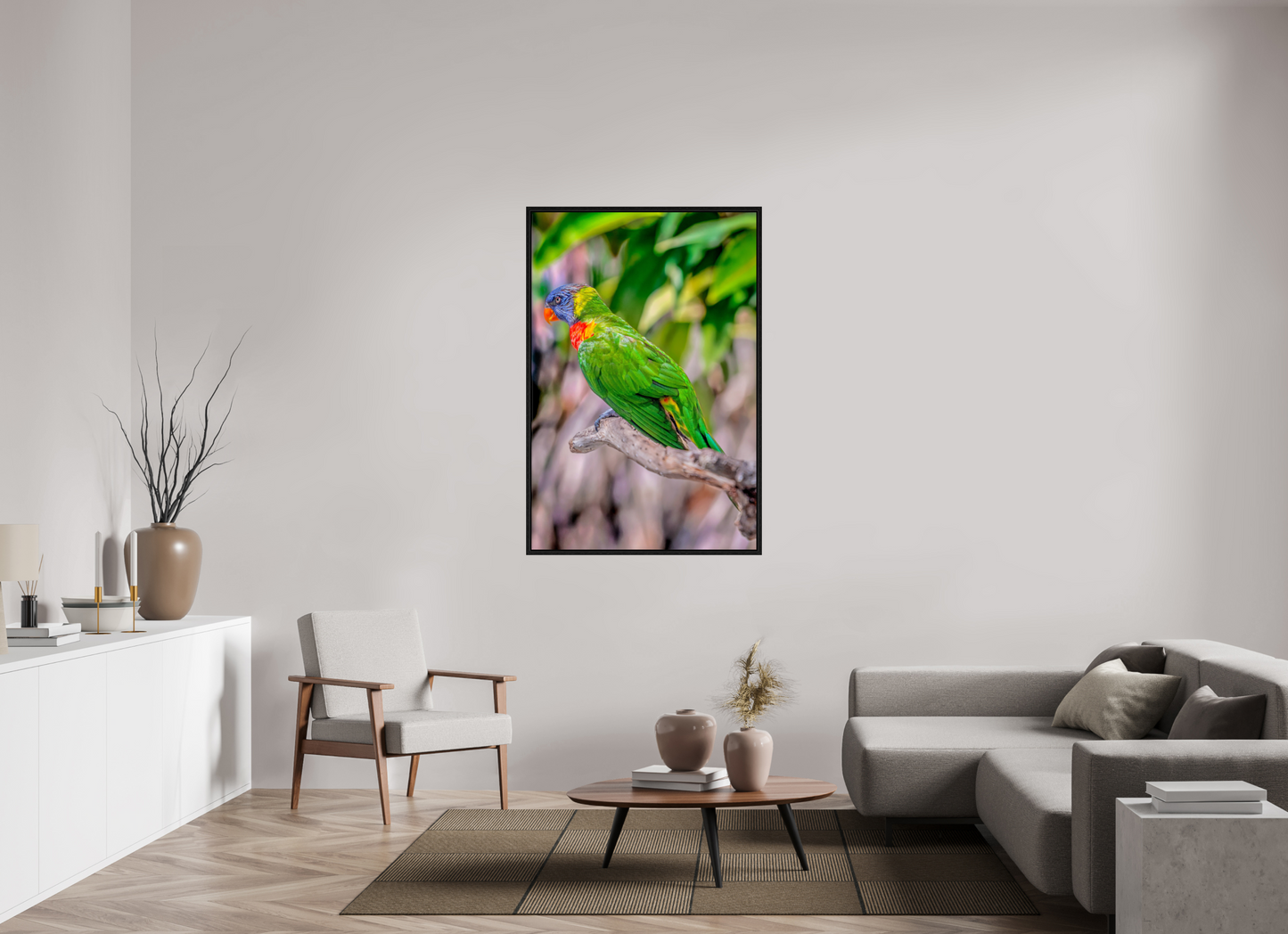 36 x 54″, Floater Frame Rainbow Lorikeet on Branch – Vibrant Tropical Bird Fine Art Photography Print