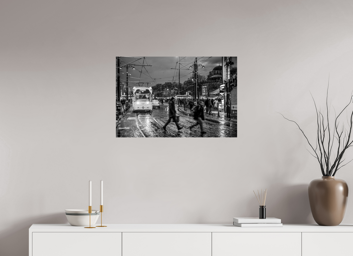 30 x 20″, Photo Print On Fuji Crystal DP II Rainy Evening Tram — Istanbul Street Photography (Black & White)