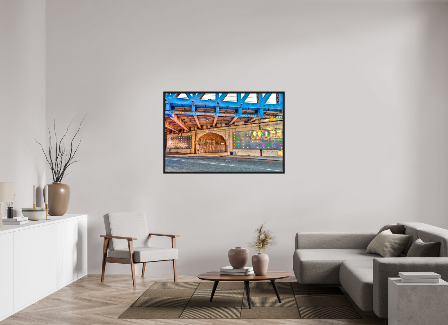 54 x 36″, Floater Frame London Fine Art Photograph - Urban Geometry Under Blue Steel