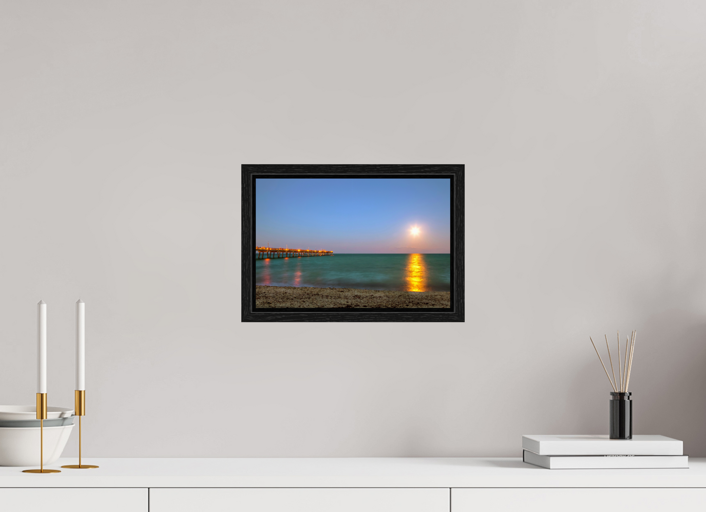 12 x 8″, Floater Frame Moonrise Over the Pier