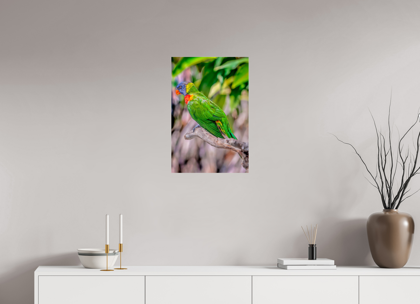 16 x 24″, Photo Print Under Acrylic Glass Rainbow Lorikeet on Branch – Vibrant Tropical Bird Fine Art Photography Print