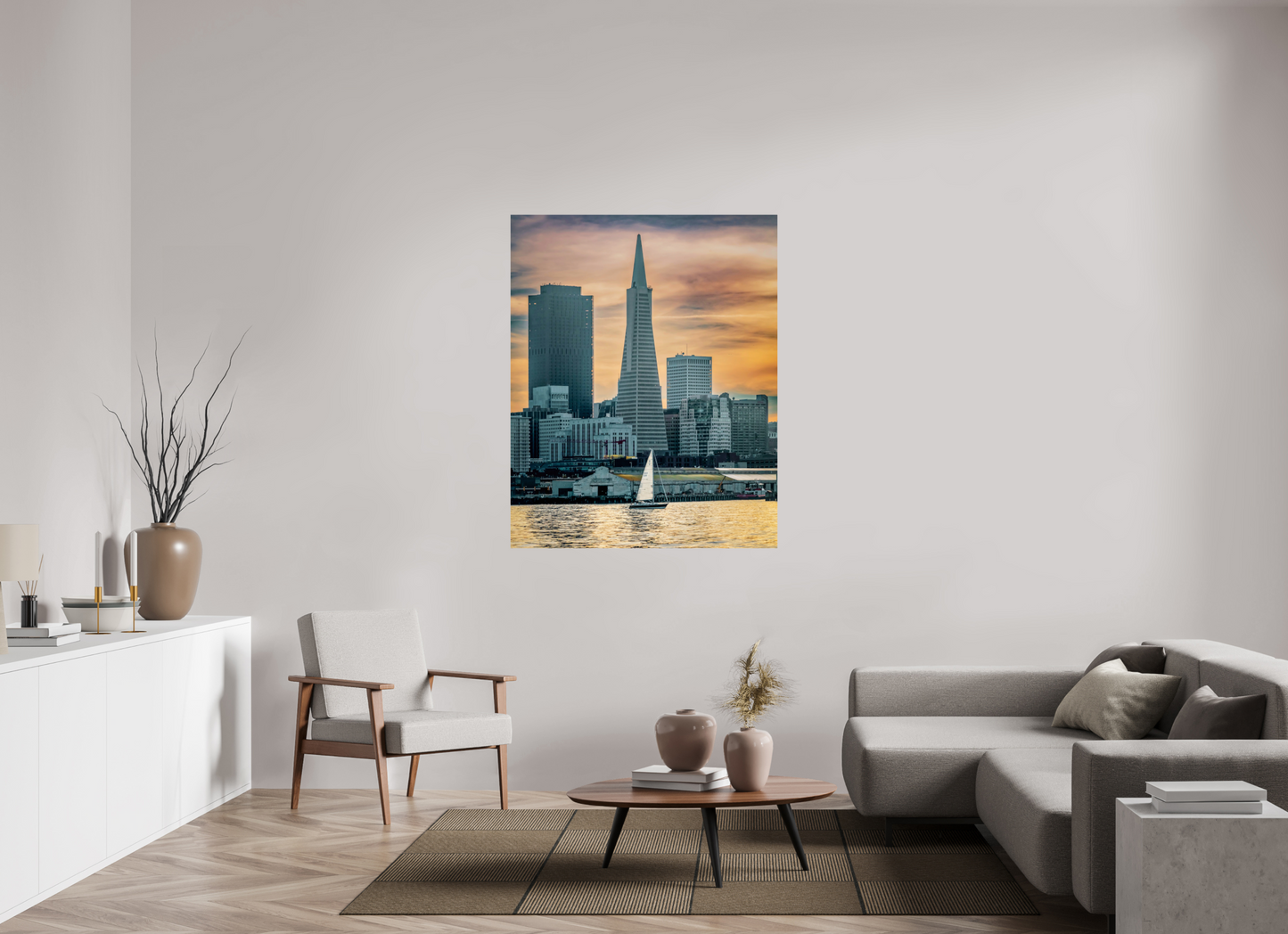 43 x 53.7″, Photo Print On Fuji Crystal DP II San Francisco Sunset with Sailboat — Transamerica Pyramid Fine Art Print