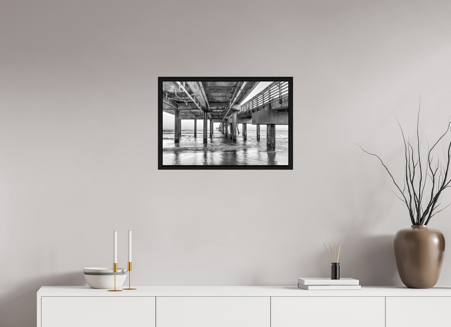 24 x 16″, Floater Frame Florida - Under the Pier — Coastal Geometry in Black & White