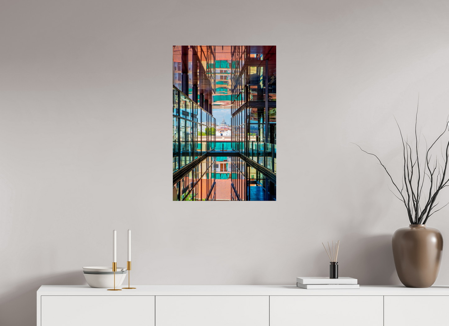 20 x 30″, Photo Print Under Acrylic Glass Madrid Architectural Reflection Print – Colegiata de San Isidro Dome from Reina Sofía Museum