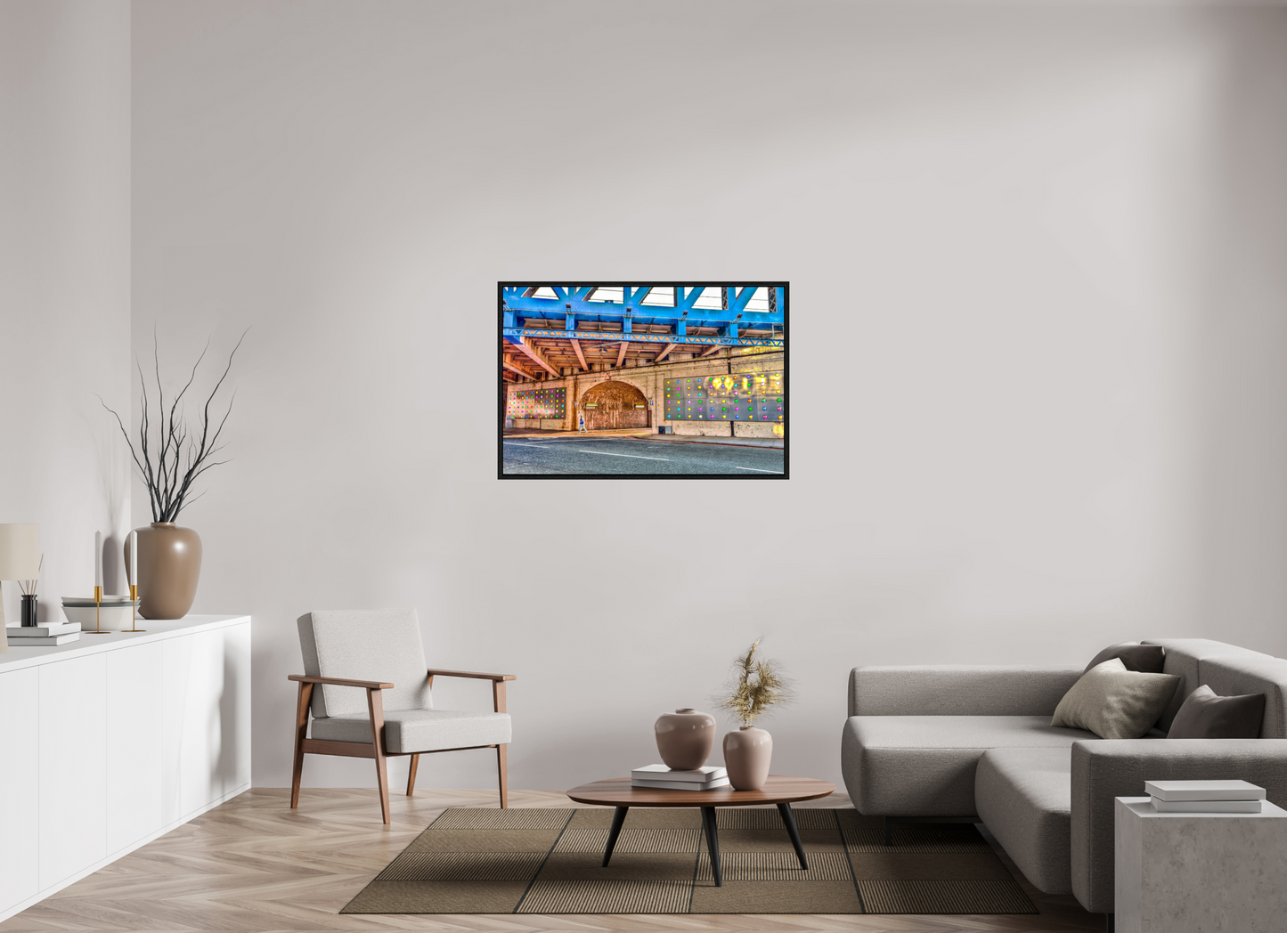 45 x 30″, Floater Frame London Fine Art Photograph - Urban Geometry Under Blue Steel