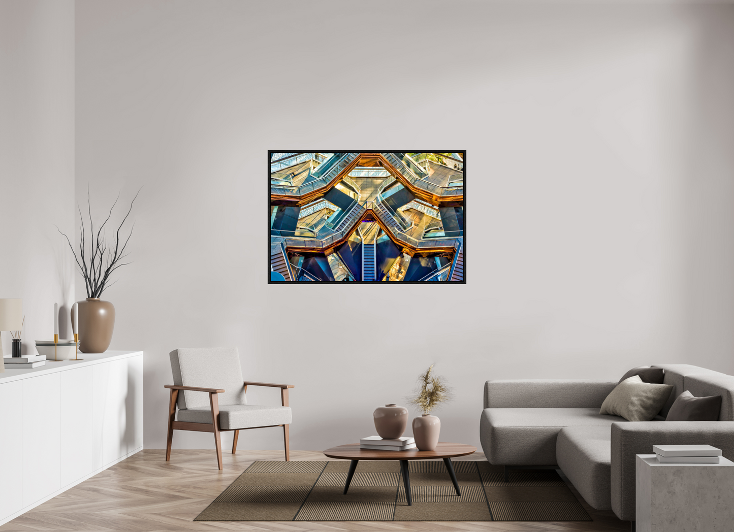 54 x 36″, Floater Frame New York - Golden Geometry — The Vessel, Architectural Fine Art Photograph
