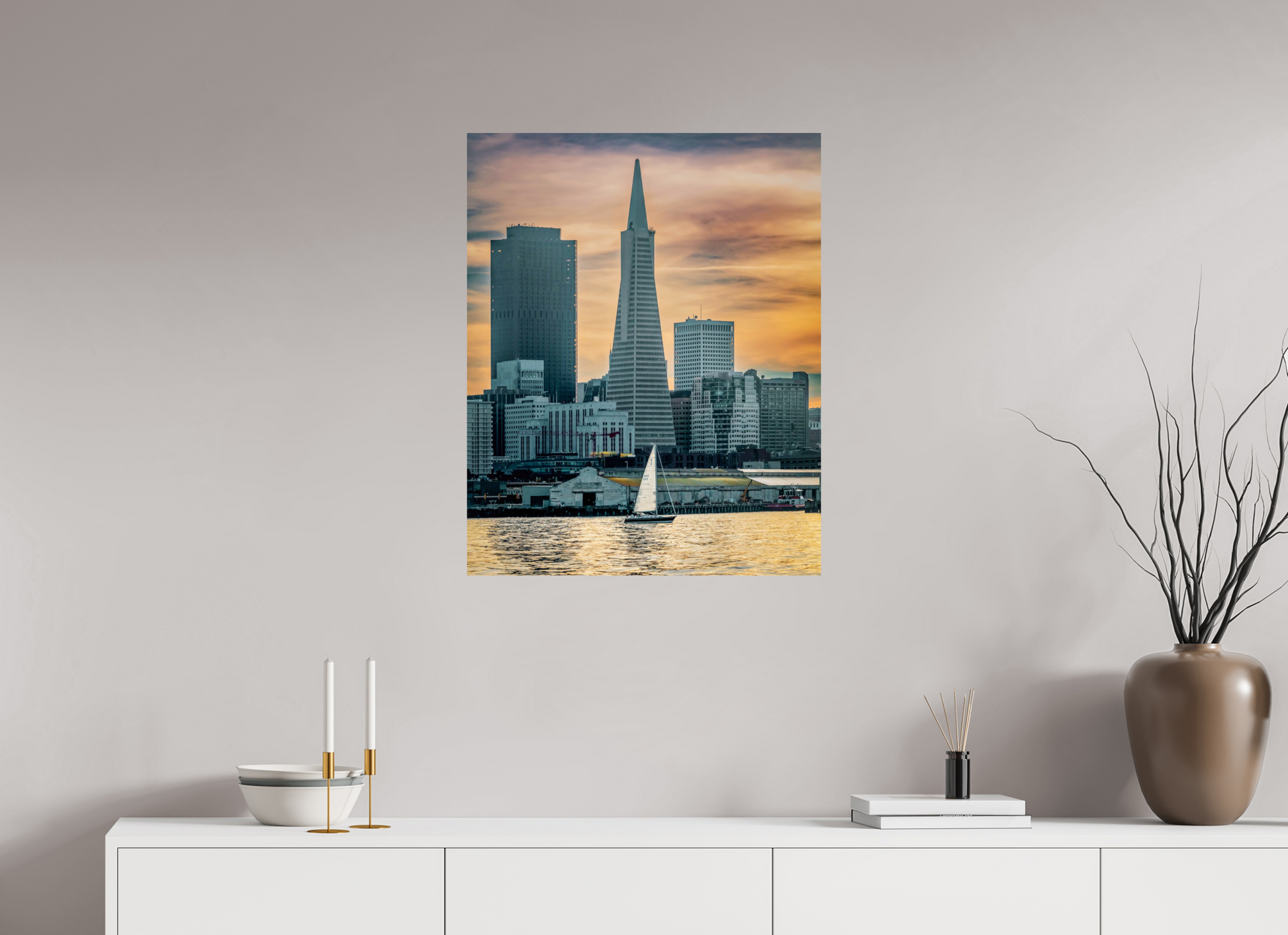 24 x 30″, Photo Print On Fuji Crystal DP II San Francisco Sunset with Sailboat — Transamerica Pyramid Fine Art Print