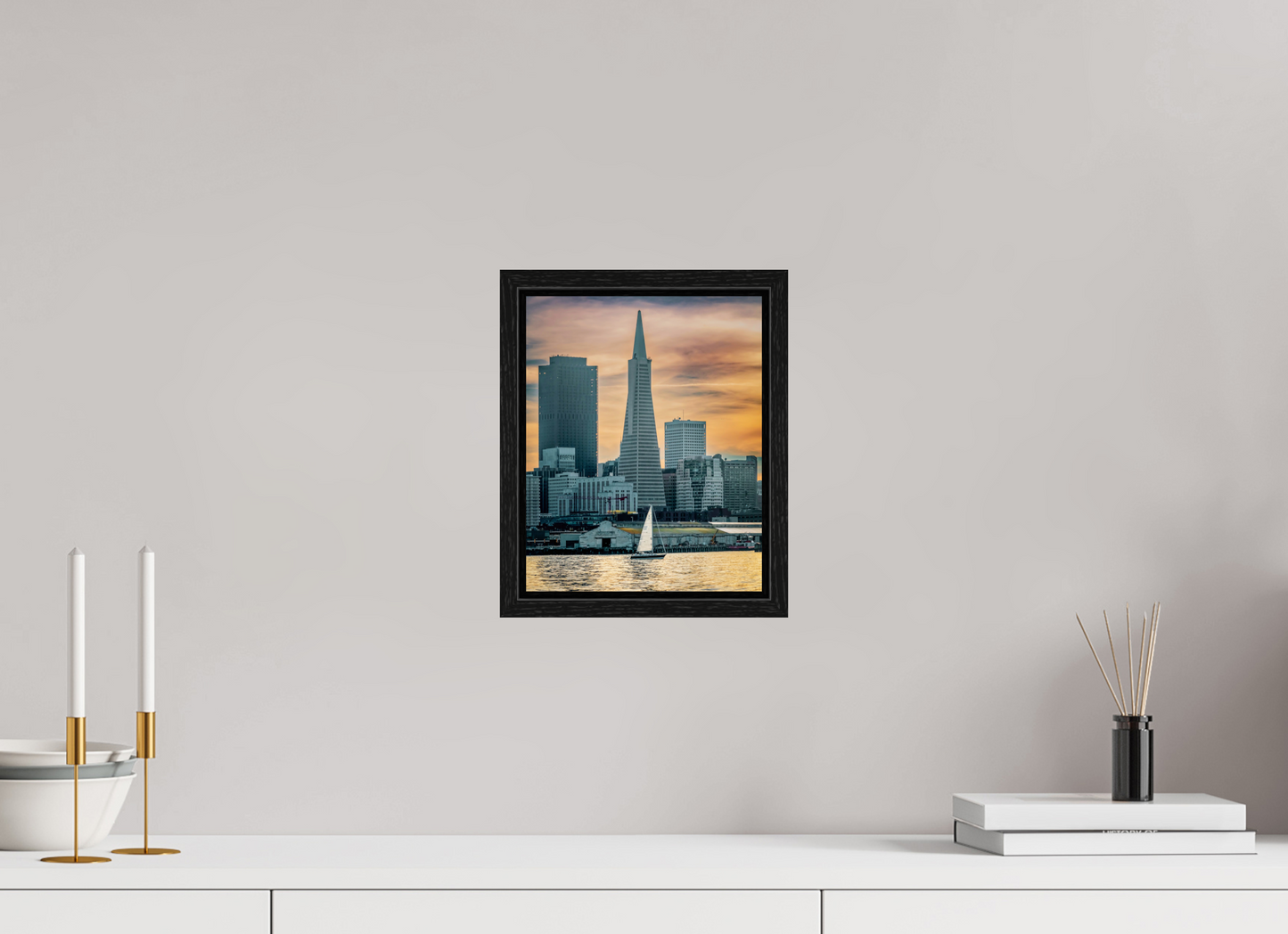 8 x 10″, Floater Frame San Francisco Sunset with Sailboat — Transamerica Pyramid Fine Art Print