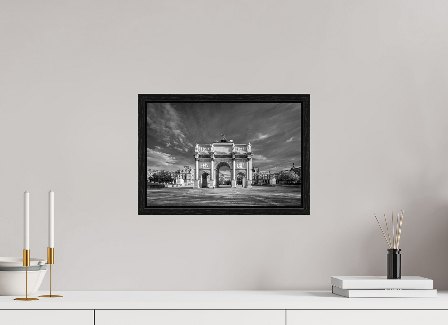 15 x 10″, Floater Frame Paris -Louvre’s Gateway – Black and White Architectural Prin