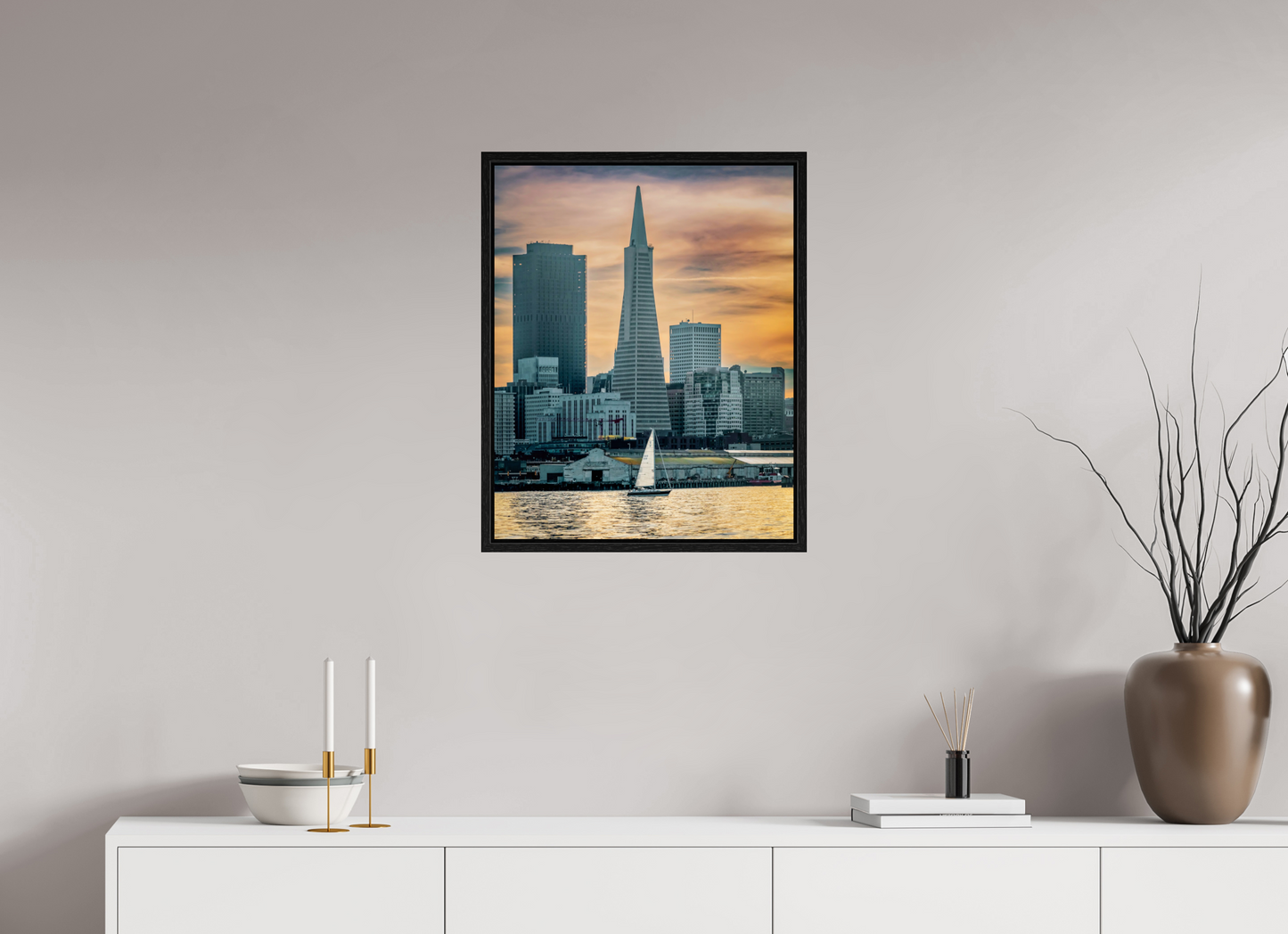20 x 25″, Floater Frame San Francisco Sunset with Sailboat — Transamerica Pyramid Fine Art Print