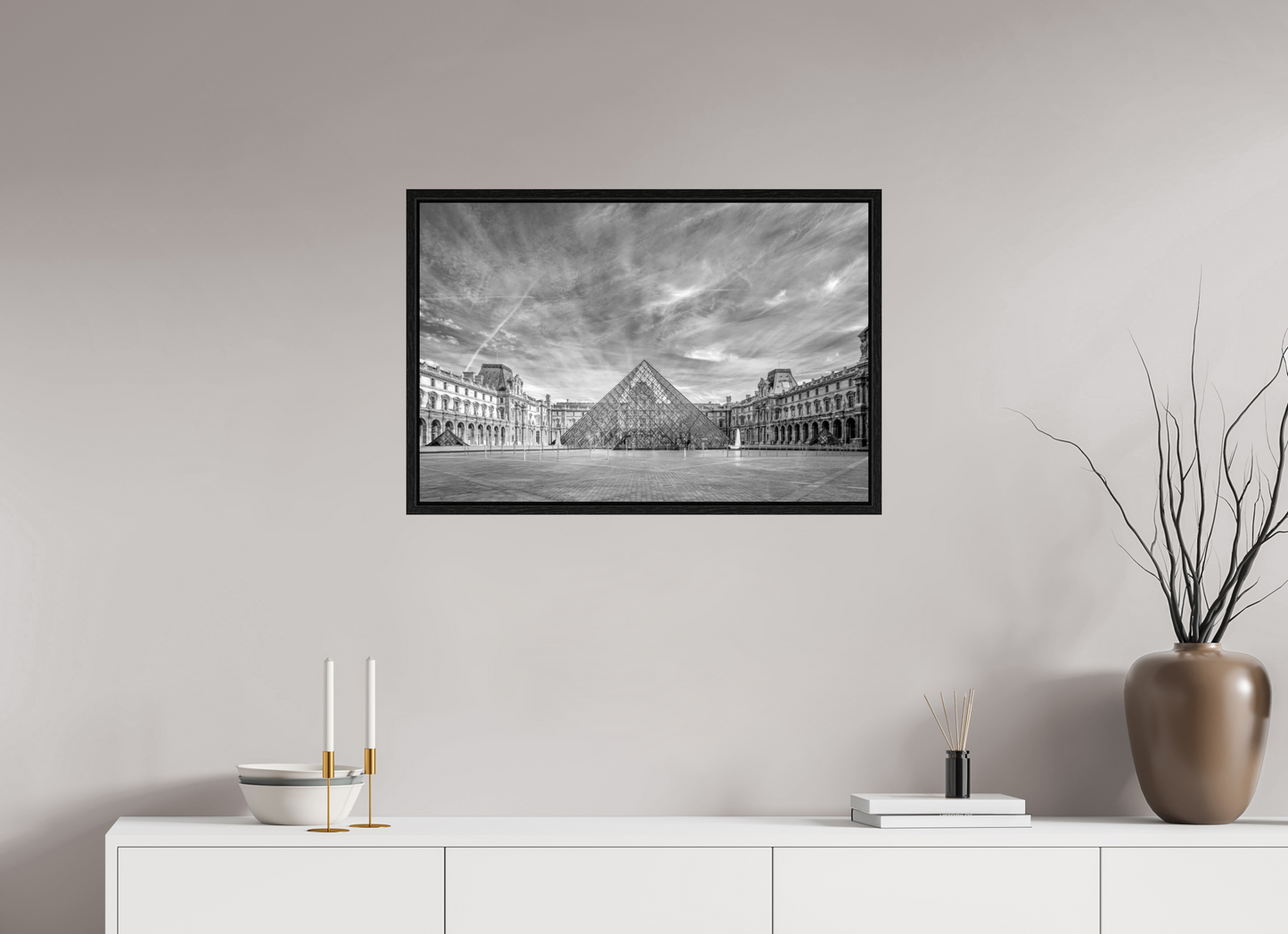 30 x 20″, Floater Frame Paris - Architectural Fine Art Photograph (Black & White)- Louvre Pyramid Symphony