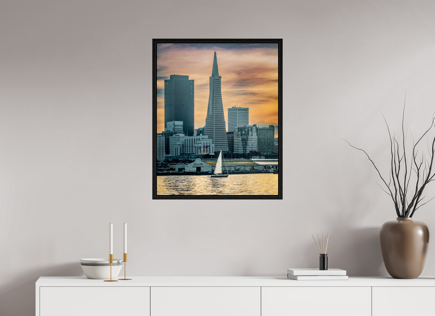 24 x 30″, Floater Frame San Francisco Sunset with Sailboat — Transamerica Pyramid Fine Art Print