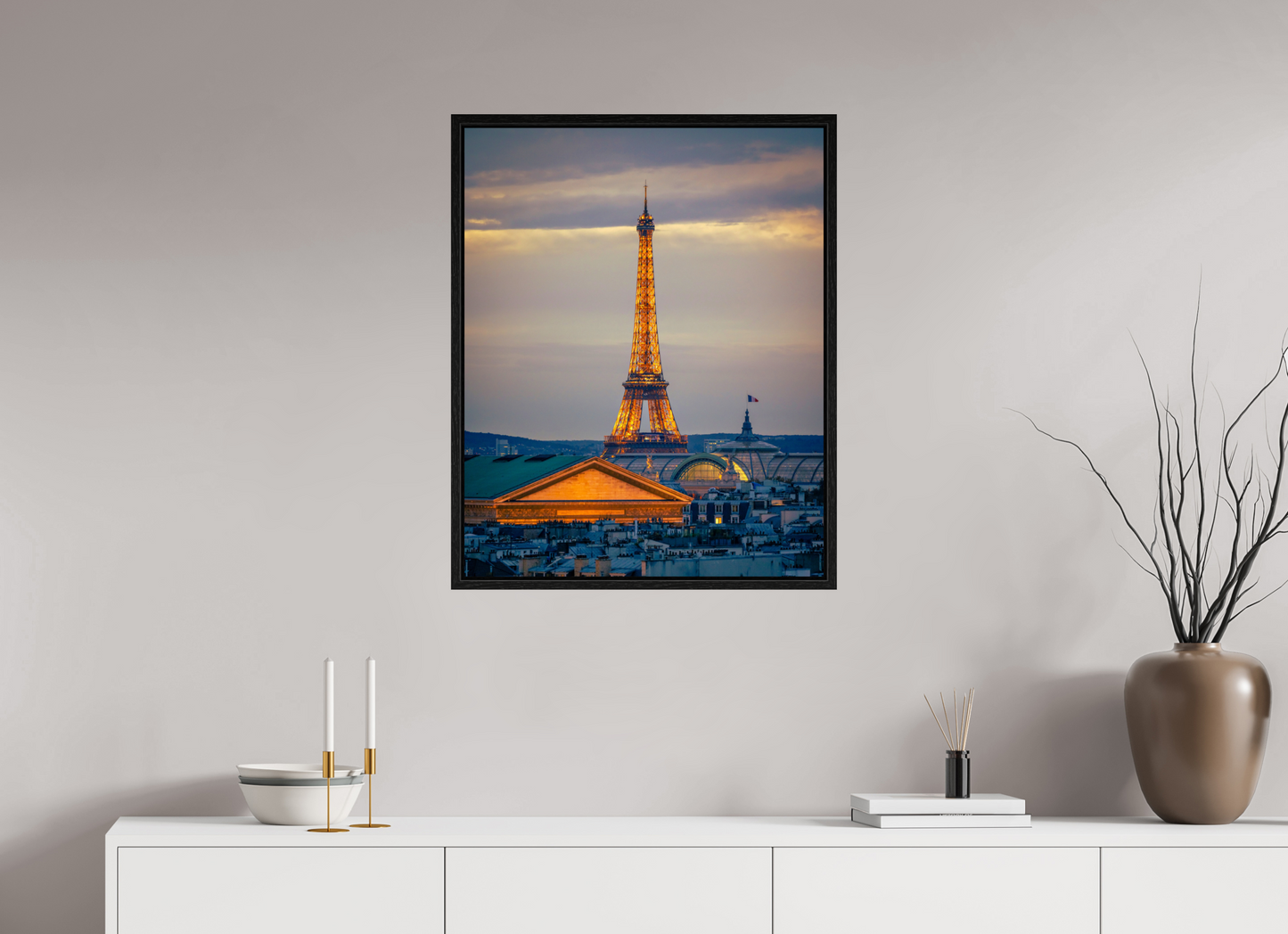 24 x 30″, Floater Frame Paris - Golden Eiffel Tower