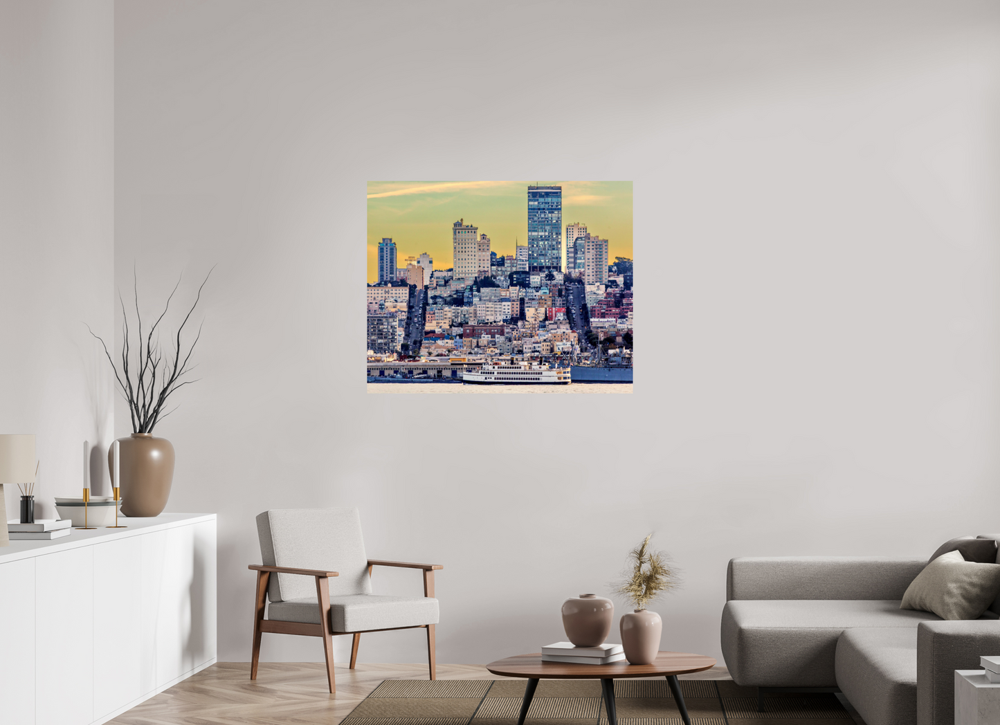43.7 x 35″, Photo Print On Fuji Crystal DP II San Francisco - Cityscape with Ferry at Sunse