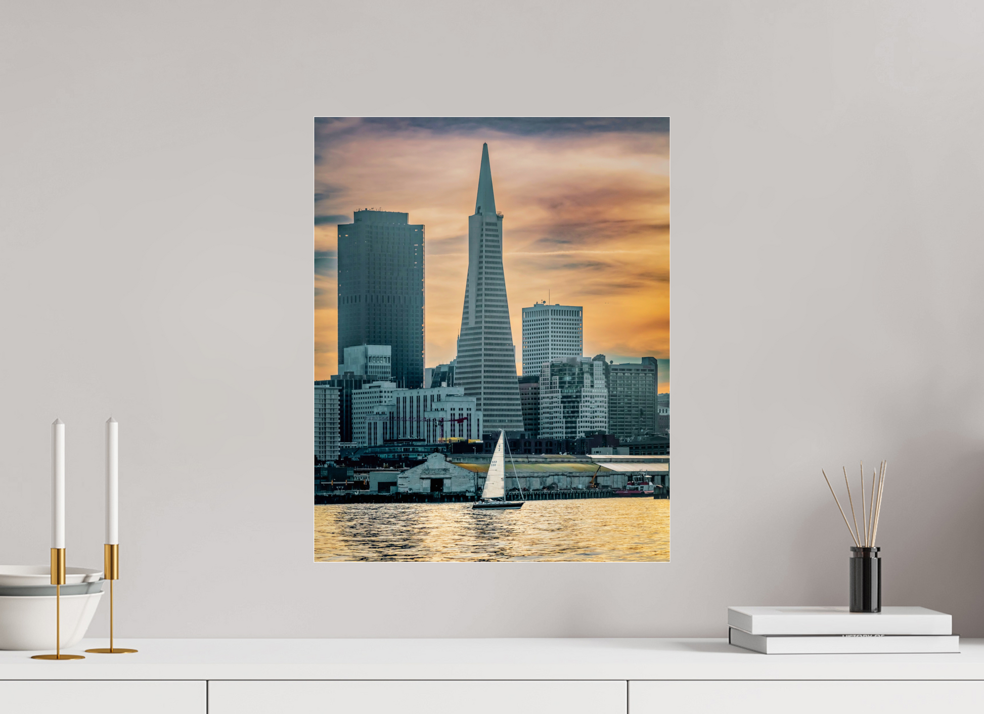 16 x 20″, Photo Print Under Acrylic Glass San Francisco Sunset with Sailboat — Transamerica Pyramid Fine Art Print