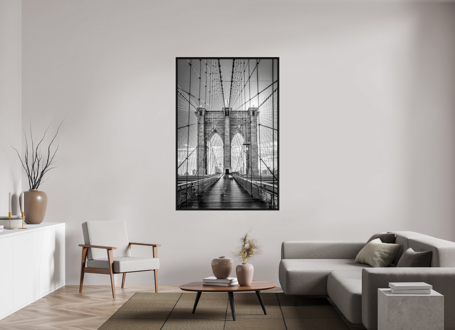 44 x 66″, Floater Frame Lines of Infinity – Brooklyn Bridge Fine Art Black & White Photography Print
