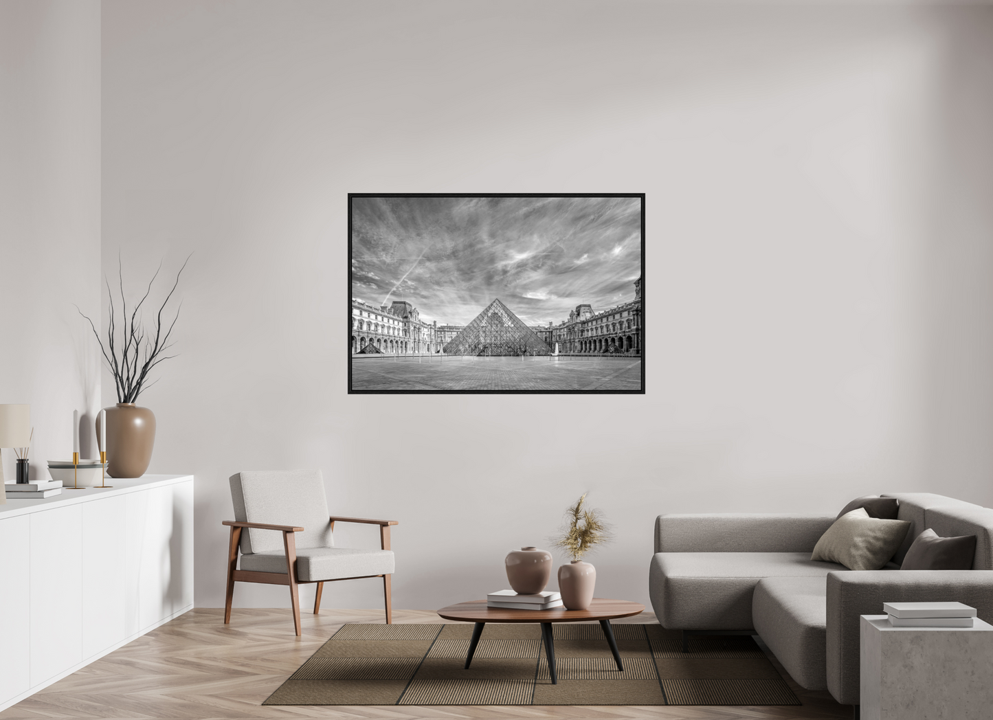 60 x 40″, Floater Frame Paris - Architectural Fine Art Photograph (Black & White)- Louvre Pyramid Symphony