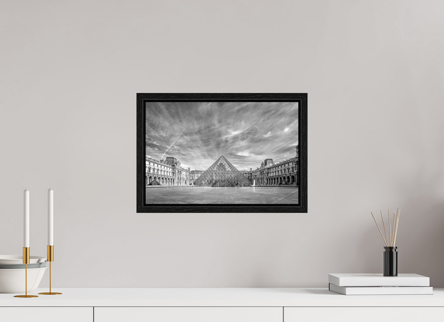 15 x 10″, Floater Frame Paris - Architectural Fine Art Photograph (Black & White)- Louvre Pyramid Symphony