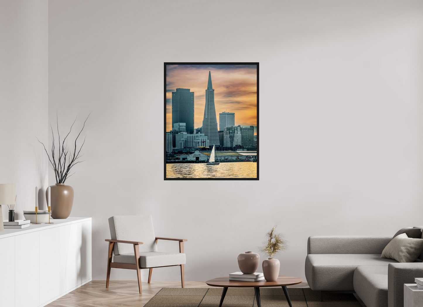 35 x 43.7″, Floater Frame San Francisco Sunset with Sailboat — Transamerica Pyramid Fine Art Print