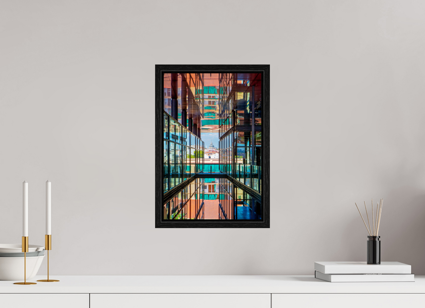 10 x 15″, Floater Frame Madrid Architectural Reflection Print – Colegiata de San Isidro Dome from Reina Sofía Museum